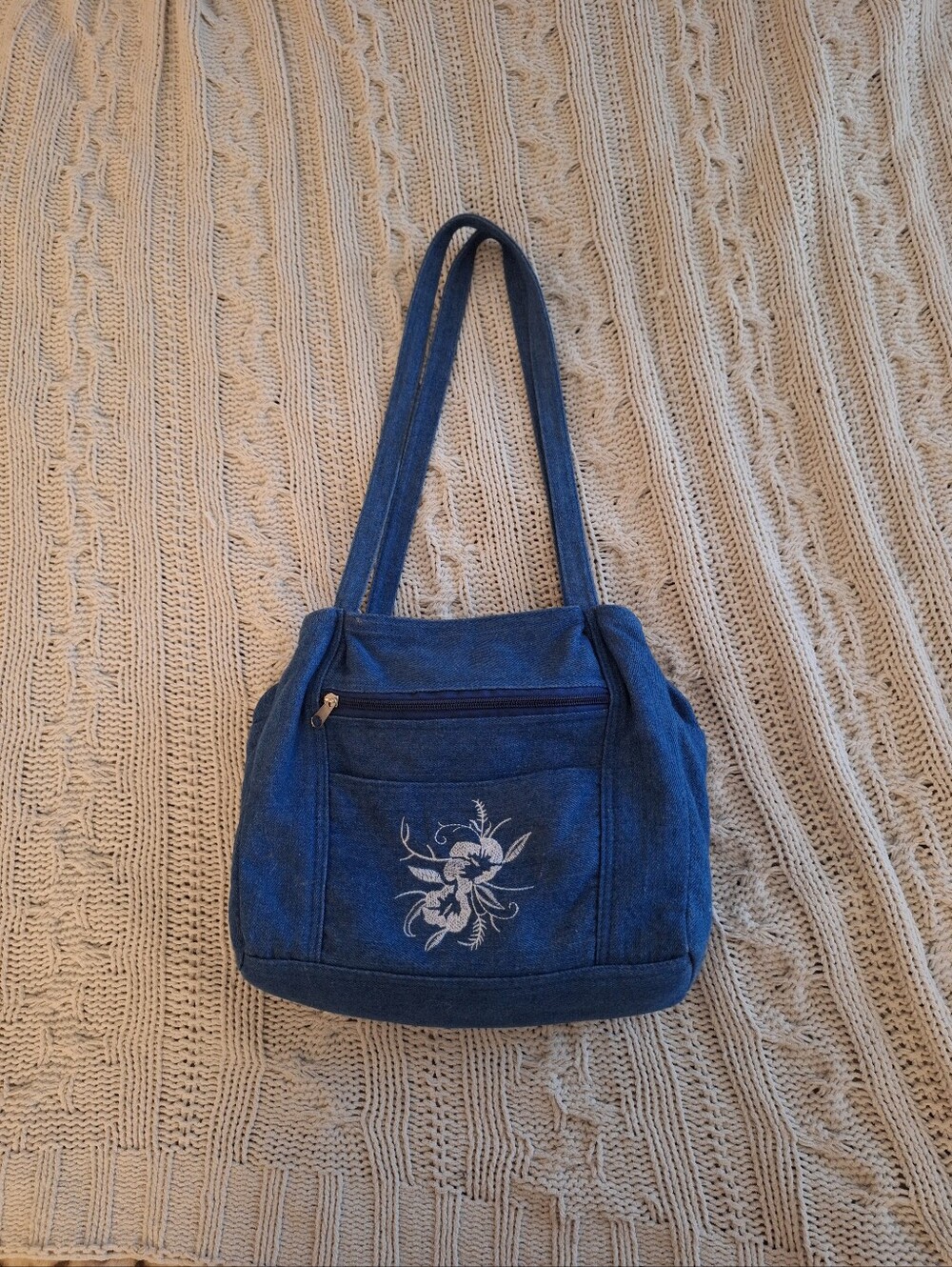 Blue Denim Flower Embroidered Shoulder Purse